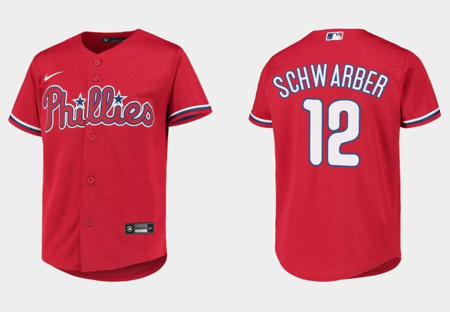 Youth Philadelphia Phillies #12 Kyle Schwarber Red Stitched Baseball Jerseyer Red Stitched Baseball Jersey. Realmuto Cream Cool Base Stitched Baseball Jersey